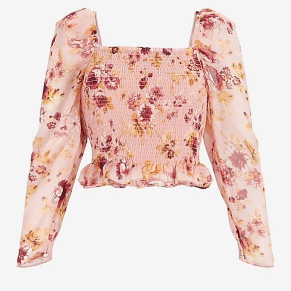 NWT Express L Flowered Smocked Square Neck Peach-ish Color Top - Picture 2 of 5